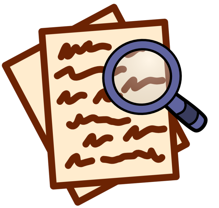 two stacked off white pages are covered in brown scribbles, a blue magnifying glass hovers over it. The image has dark line art.